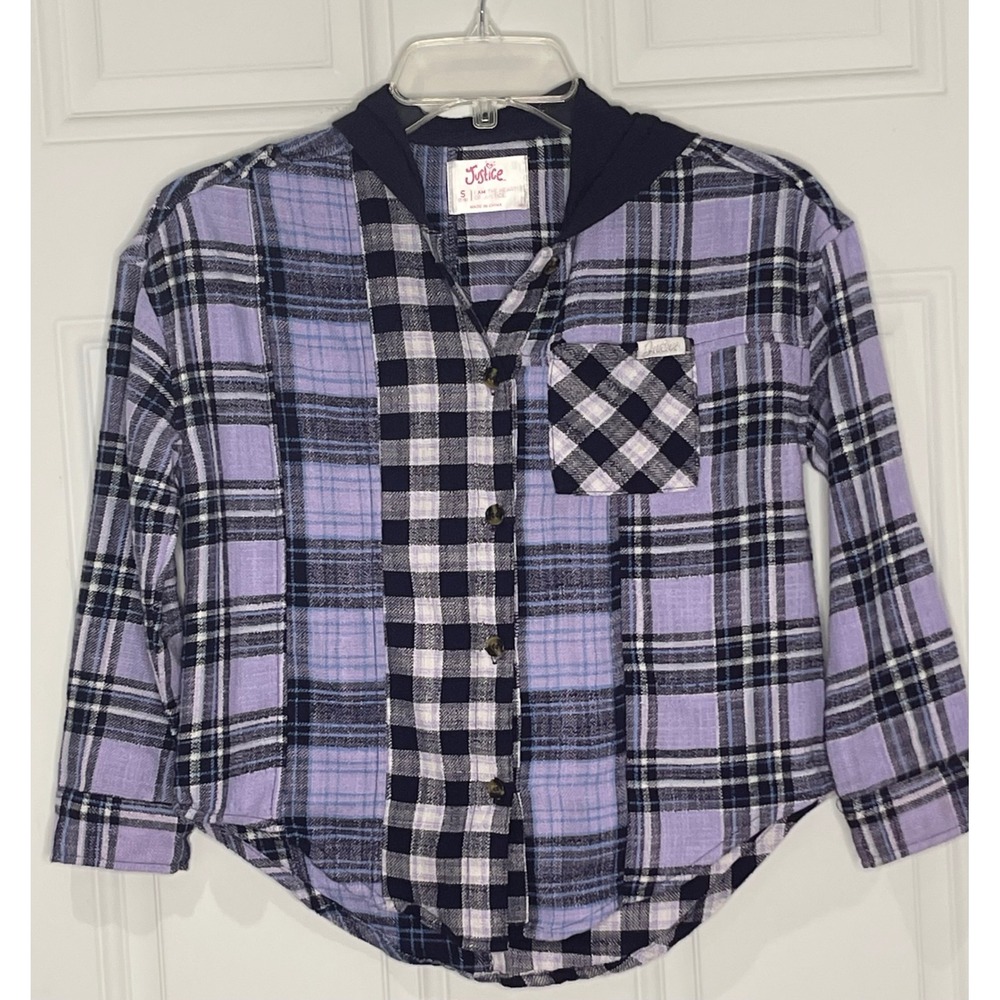 Justice Girls Size Small 7/8 Purple Patchwork Plaid Hooded Flannel Shirt x